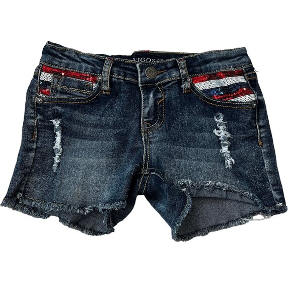 Vigoss Girls Adjustable Waist Jagger Shorts Size 12 Distressed Denim RWB Sequin - Picture 1 of 6